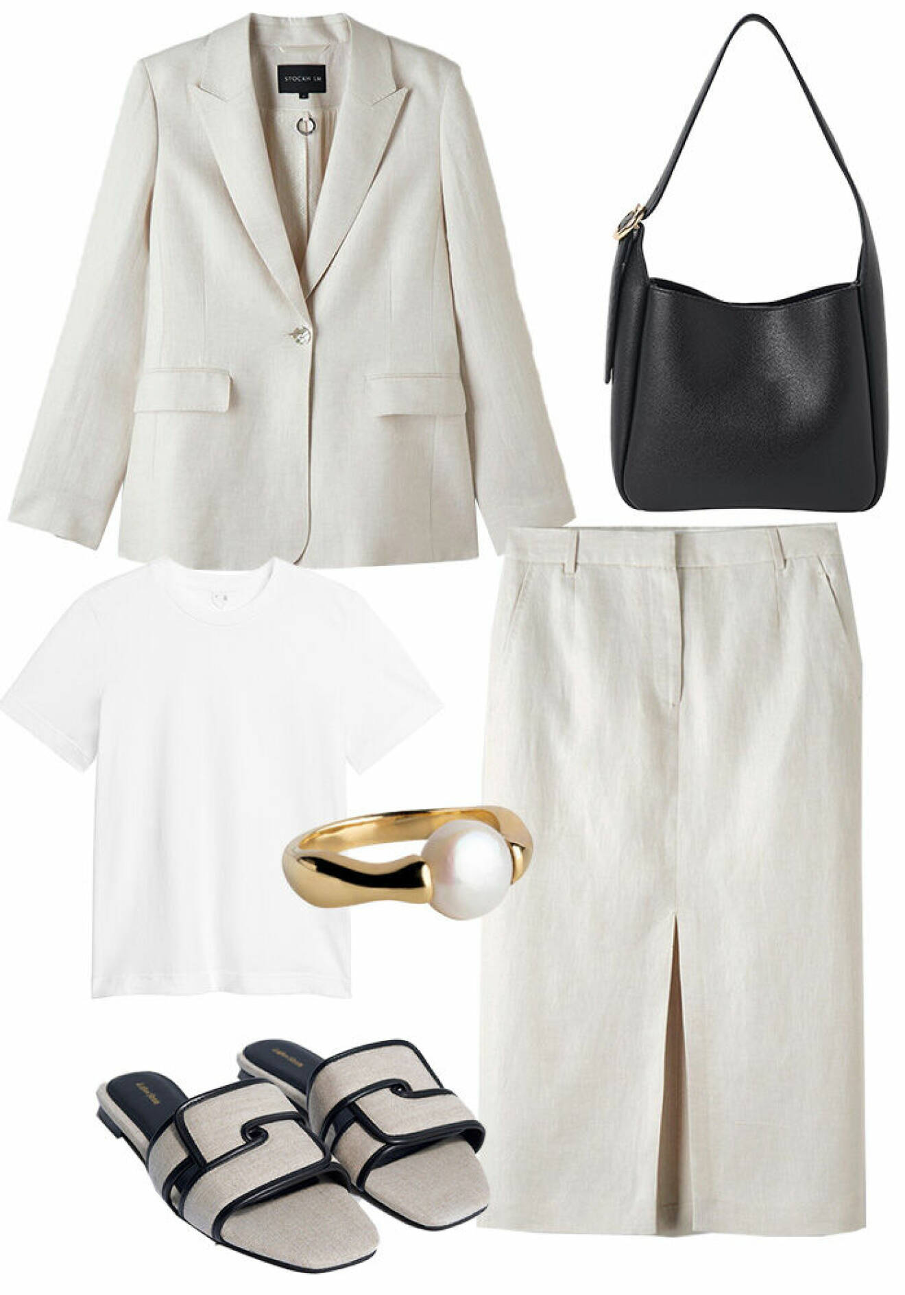 Outfit till kontoret på sommaren med beige linnekavaj och matchande lång kjol, vit t-shirt, svart väska, beige sandaler och ring med pärla
