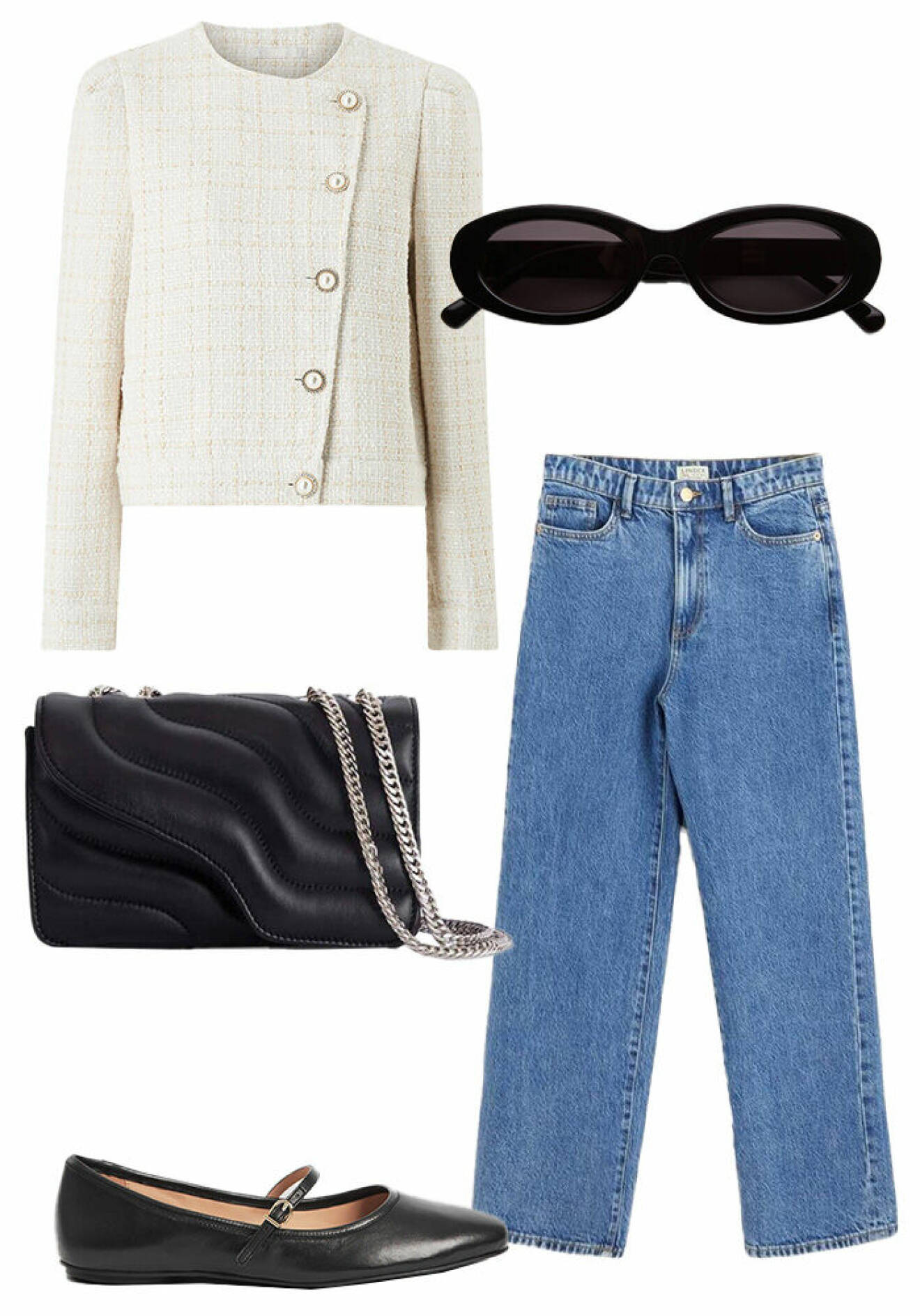 Franskinspirerad outfit till kontoret på sommaren med vit boucléjacka, raka jeans, svarta mary janes, svart väska och smala solglasögon