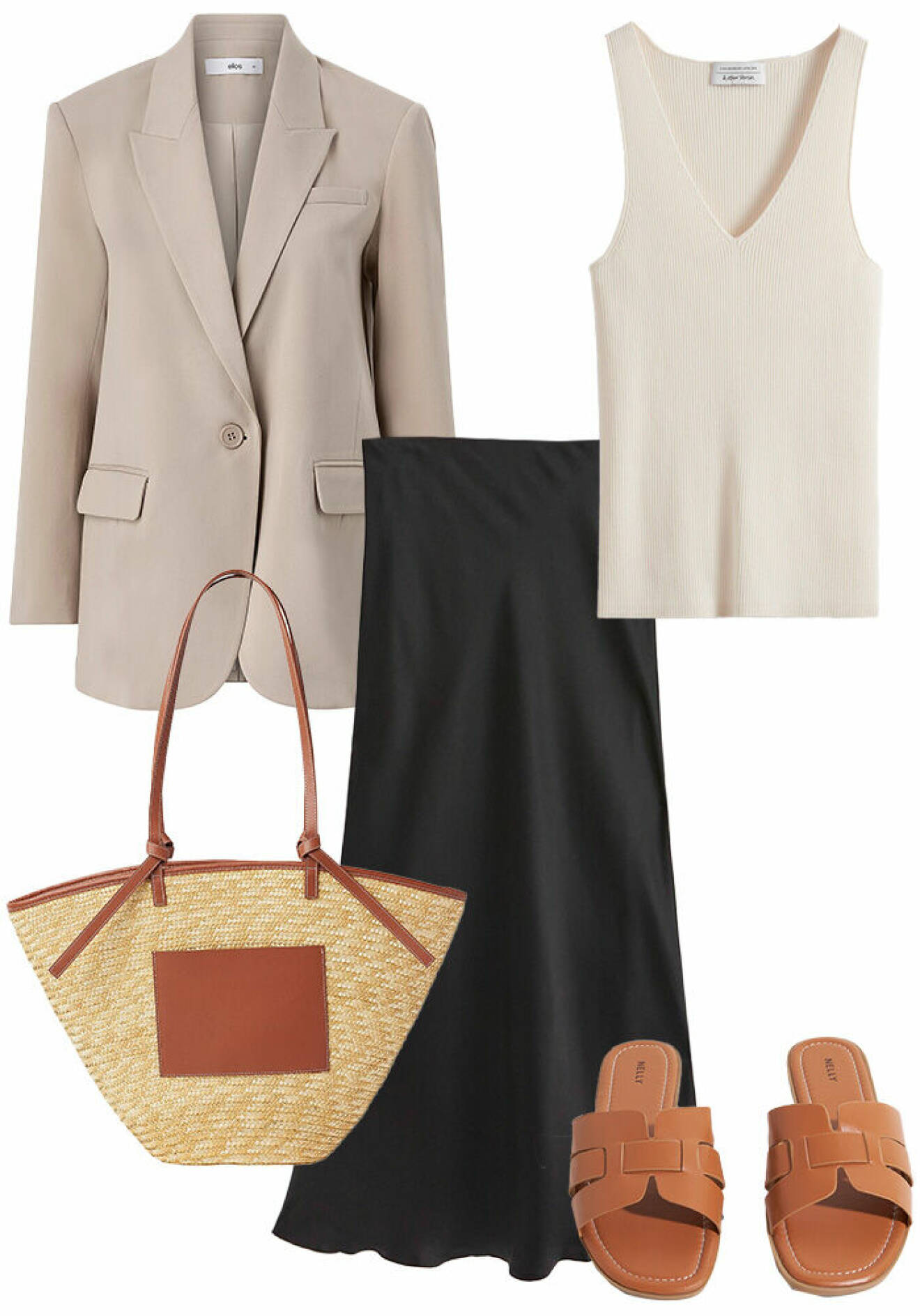 Outfit till jobbet och kontoret med kavaj, satinkjol, ribbat linne, stråväska och bruna sandaler