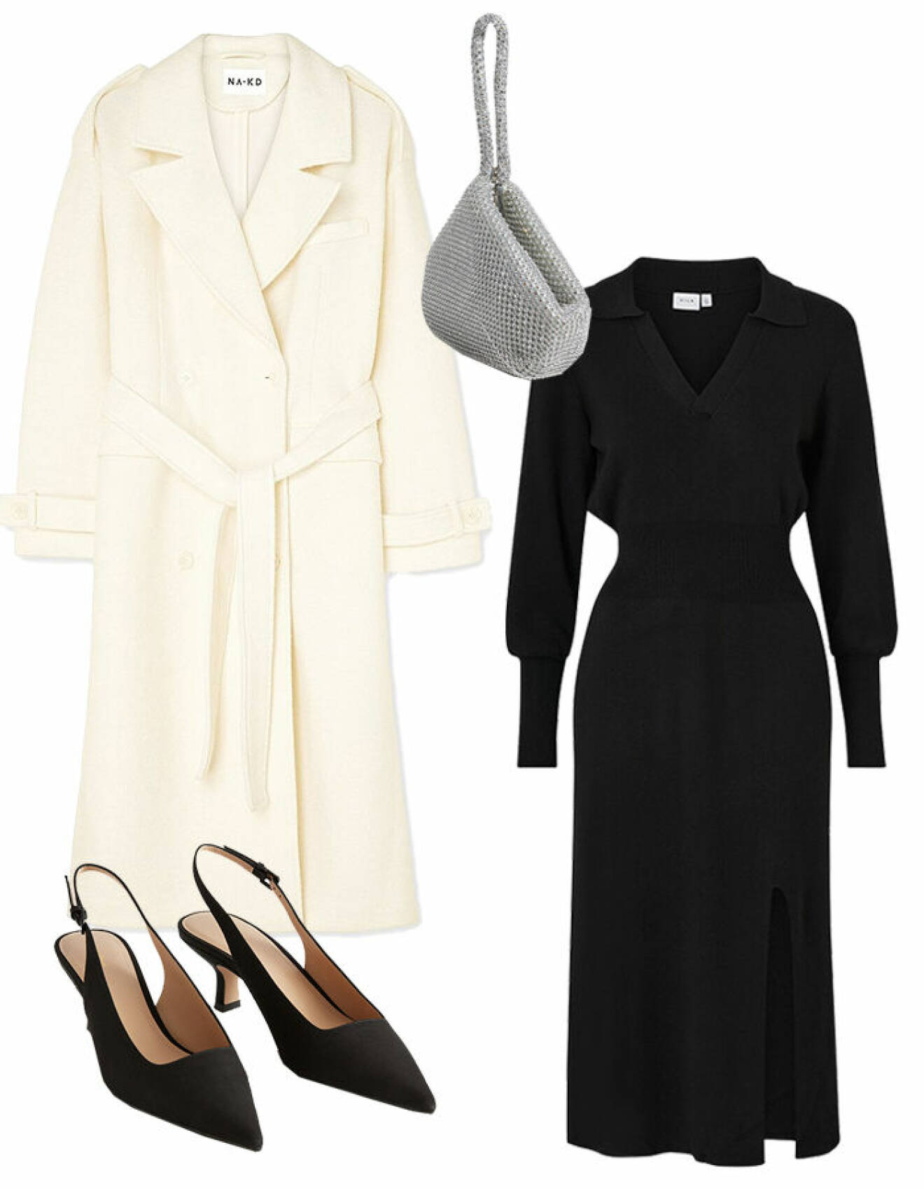 Outfit med svart stickad klänning, vit kappa, svart slingbacks och glittrig väska