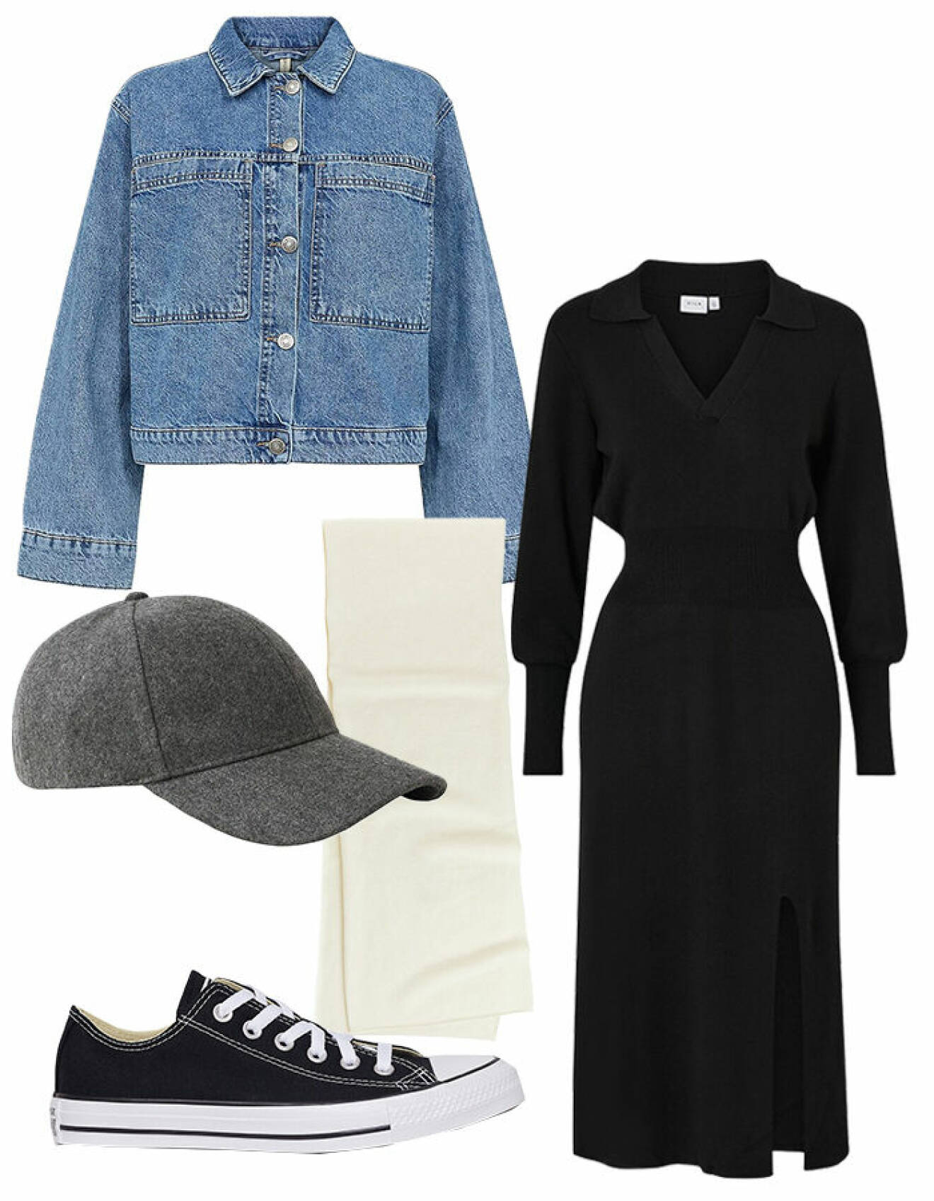 Outfit med svart stickad klänning, jeansjacka, keps, halsduk och låga Converse