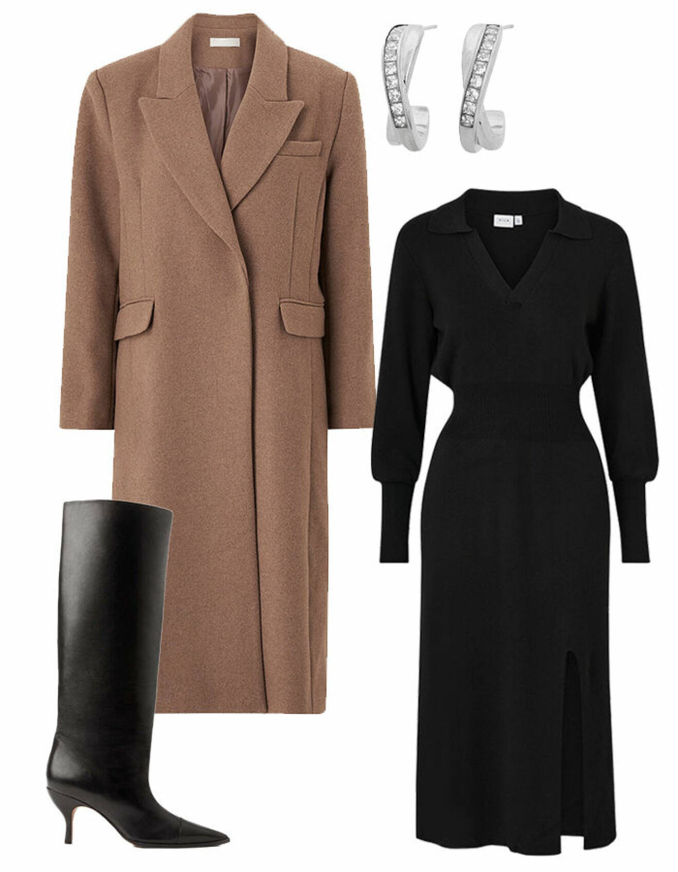 Outfit med svart stickad klänning, herrinspirerad rak ullrock, svarta sköna stövlar med klack och silvriga örhängen med stenar