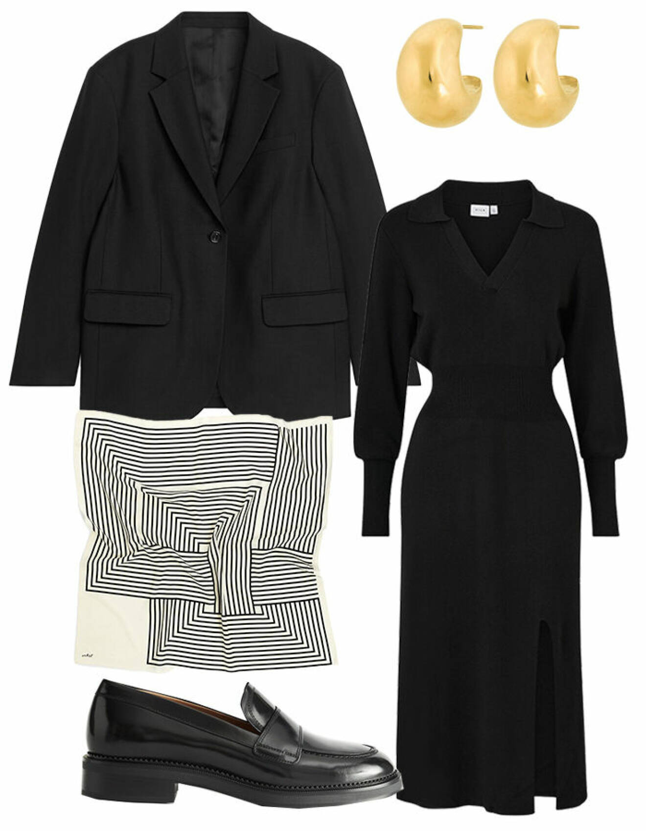 Outfit med svart stickad klänning, svart oversize kavaj, loafers, guldörhängen och sidenscarf