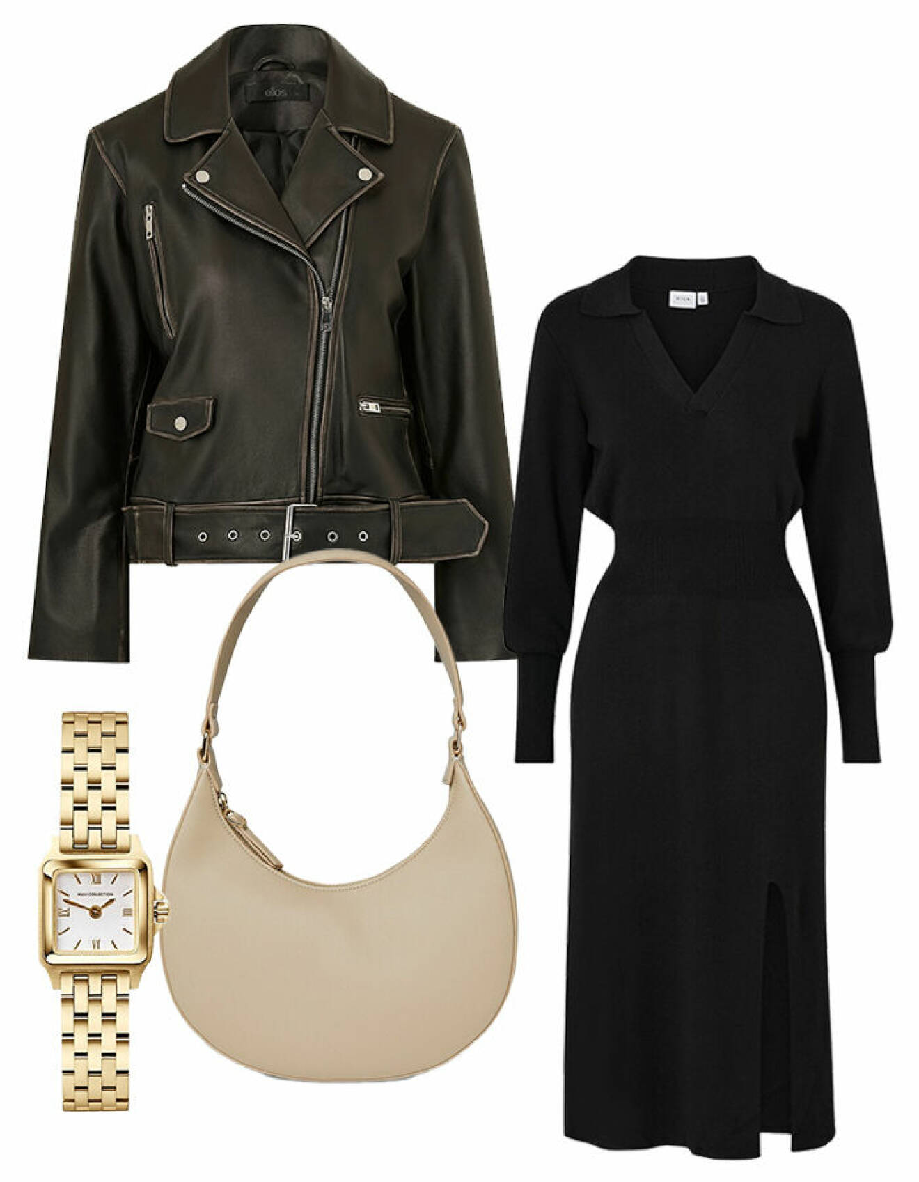 Outfit med svart stickad klänning, svart oversize skinnjacka, beige väska och guldklocka