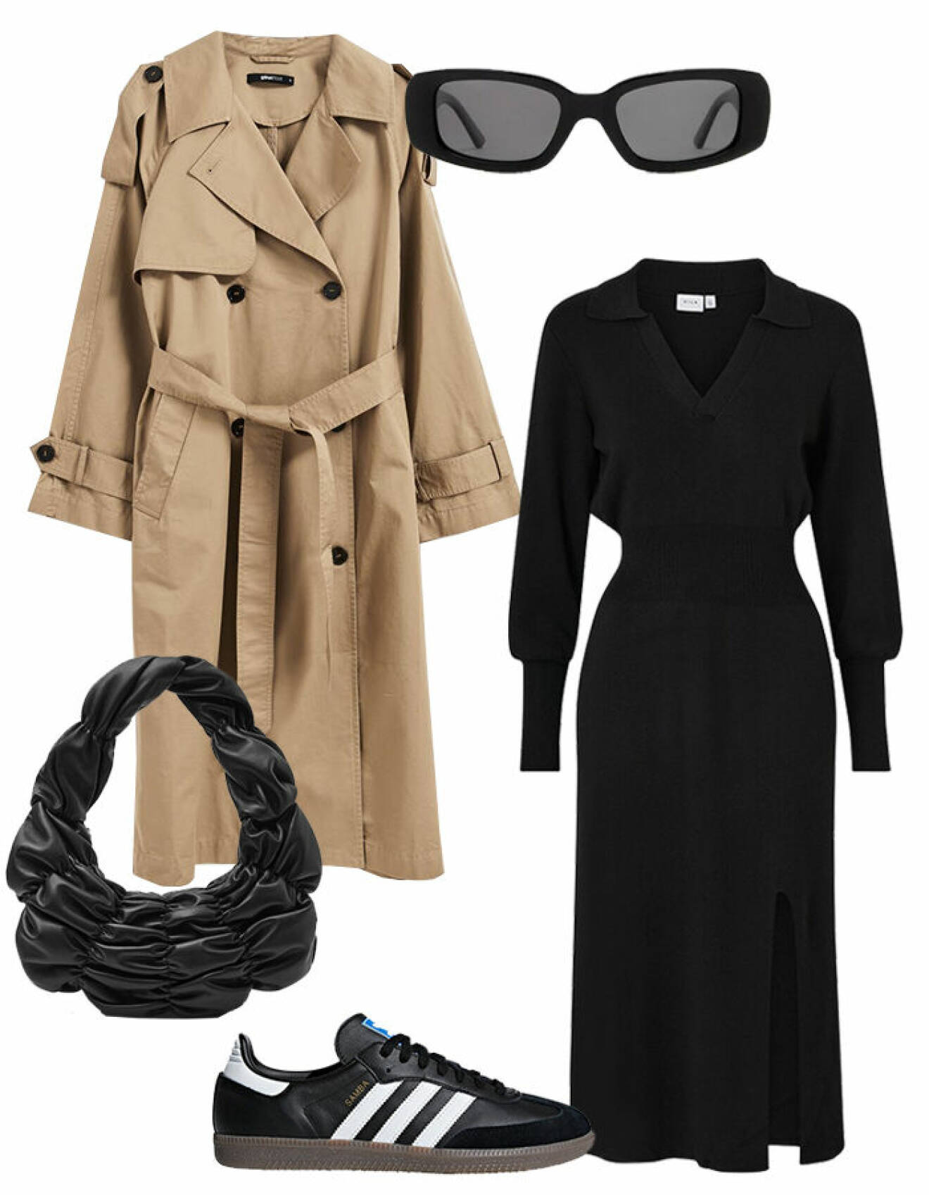 Outfit med svart stickad klänning, trenchcoat, Adidas Samba-sneakers, smala solglasögon och skinnväska