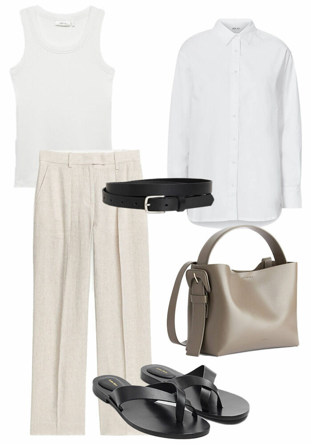 Outfit till kontoret under sommaren med vit skjorta, vitt linne, skräddade beige kostymbyxor och svarta accessoarer