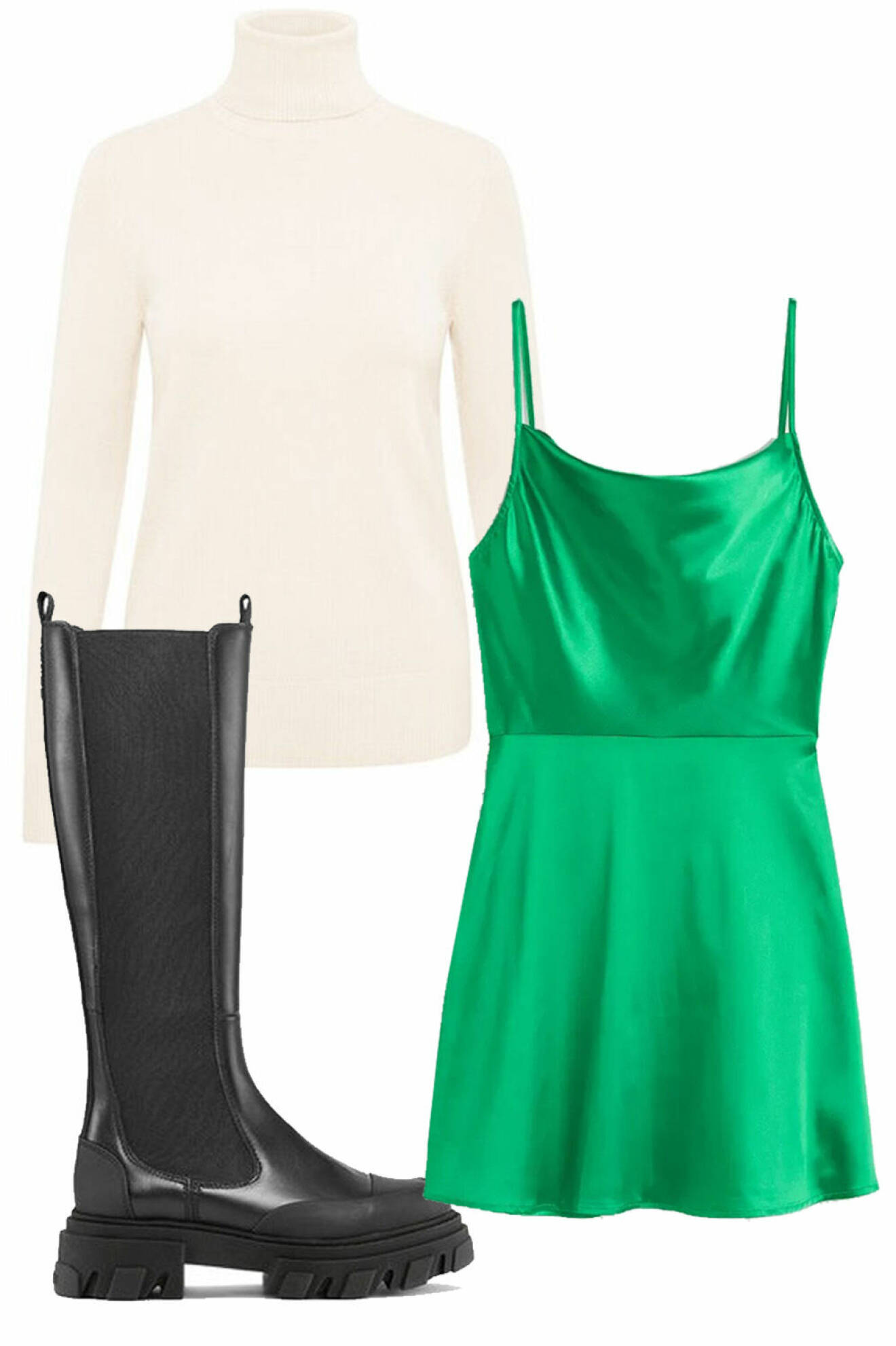outfit med kort grön klänning, vit polotröja och stövlar