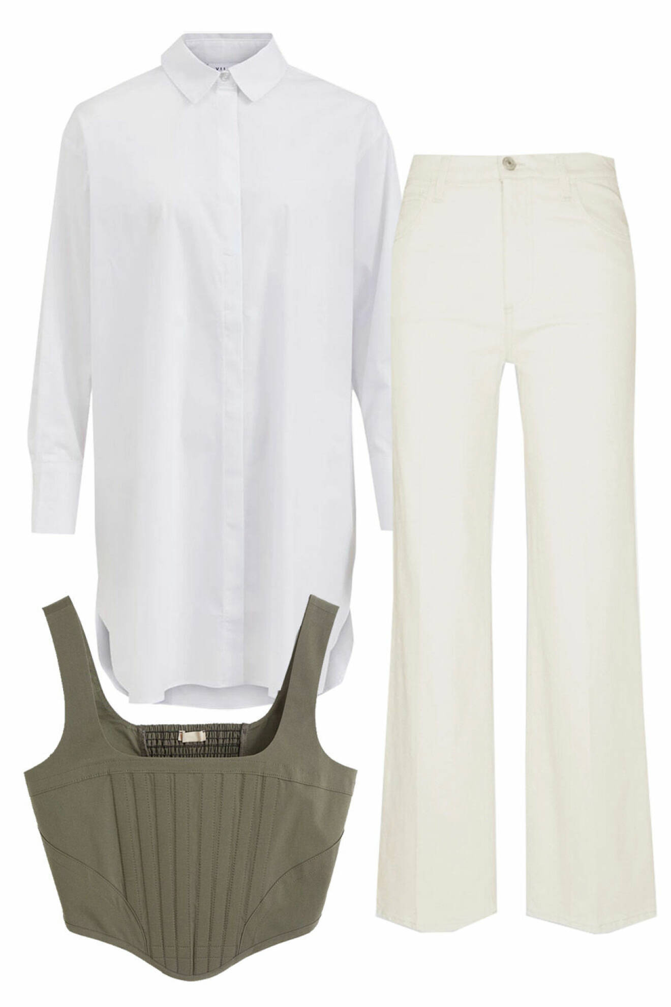 outfit med vit skjorta, vita jeans och grön korsett