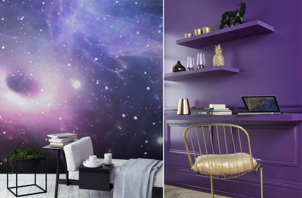 Foto via: <a href="https://www.muralswallpaper.co.uk/shop-murals/bright-galaxy-wallpaper-wall-mural/?utm_medium=social&utm_source=Pinterest&utm_campaign=uk_space_bright_galaxy_21_12_17&utm_content=space&utm_term=standard" target="_blank" rel="noopener">Murals wallpaper</a> / <a href="http://www.muramur.ca/inspiration/decoration/ultra-violet-11-facons-integrer-couleur-annee-pantone-decor-1.3499422" target="_blank" rel="noopener">Muramur</a>