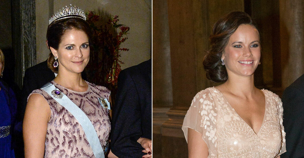 Madeleine och Sofia i pärlklänningar