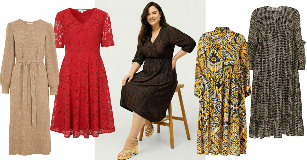 snygg plus size klänning svart röd mönstrad stickad för dam, klänningar i stora storlekar online.