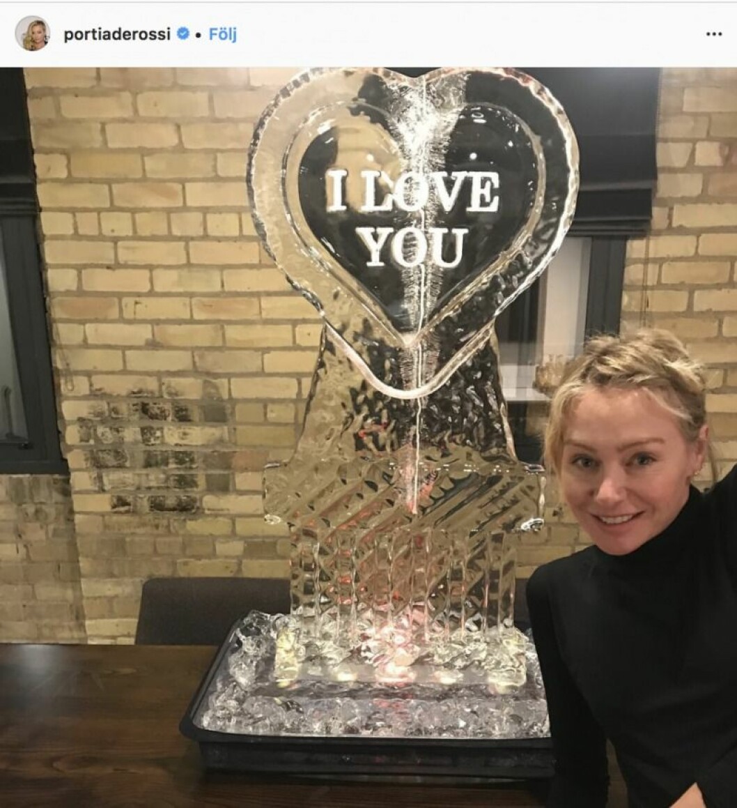 Portia di Rossi visade upp hustruns gåva på Instagram. Portia di Rossi med is