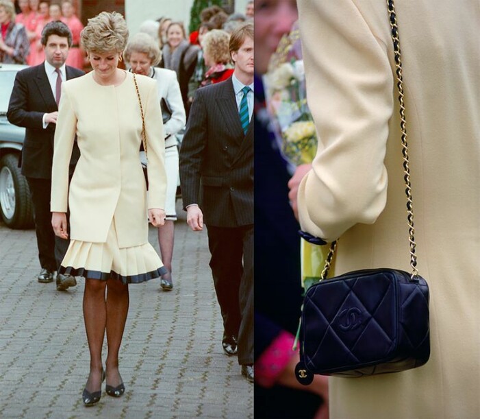 Diana med Chanelväska. Prinsessan Diana i gul klänning och marinblå Chanelväska