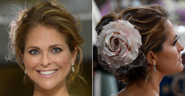 Prinsessan Madeleine vid prins Oscars dop i en slarvigt men snyggt uppsatt frisyr