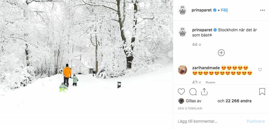 Pulkaåkning är en populär aktivitet för småprinsarna hemma vid Villa Solbacken. instagram prinsparet