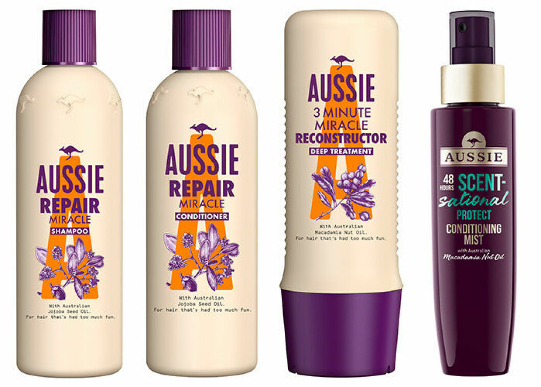 Aussies Repair-serie består av <a href="https://www.apotea.se/aussie-miracle-repair-shampoo-300-ml" target="_blank" rel="noopener">schampo</a>, <a href="https://www.apotea.se/aussie-miracle-repair-conditioner-250-ml" target="_blank" rel="noopener">balsam</a>, <a href="https://www.apotea.se/aussie-3-minute-miracle-reconstructor-250-ml" target="_blank" rel="noopener">inpackning</a> och <a href="https://www.apotea.se/aussie-scent-sational-balsamspray-shine-95-ml" target="_blank" rel="noopener">balsam-spray</a>.