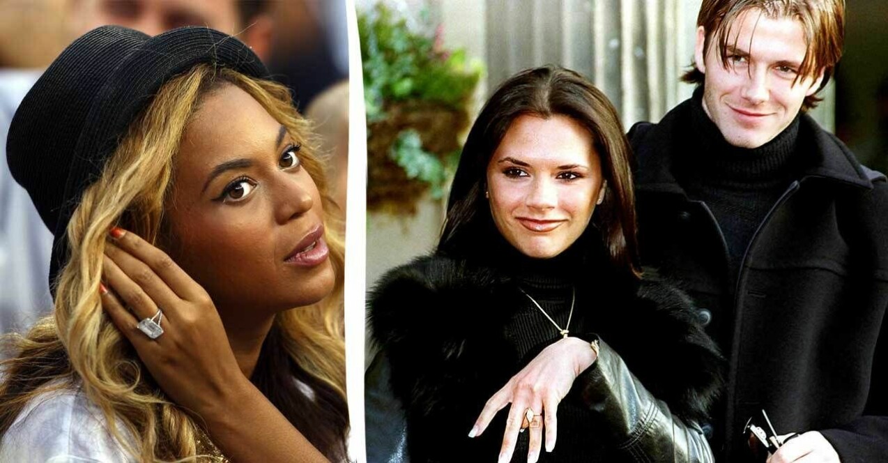 Till vänster Beyoncé med sin förlovningsring och till höger Victoria och David Beckham när paret precis förlovat sig och visade upp sin ring för fotograferna. I artikeln listar vi några av de dyraste förlovningsringarna i världshistorien.