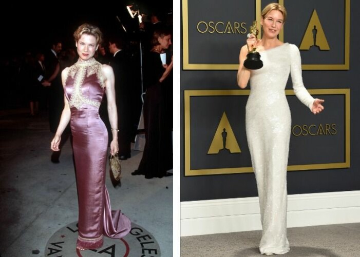 Renée Zellweger 1999 vs. 2020. Till vänster Renée Zellweger på sin första Oscarsgala i rosa sidenklänning och till höger i vit, lång, fodralklänning på samma gala 2020.