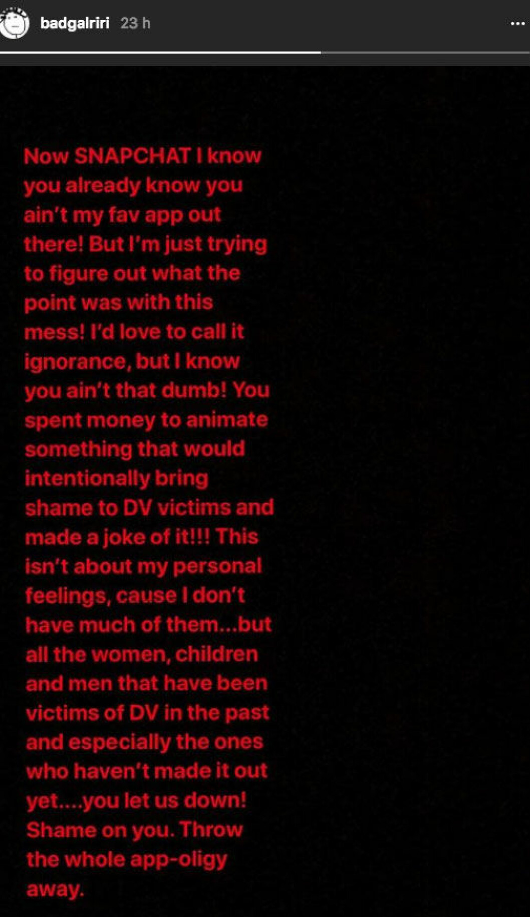 Skärmdump från Rihannas Instagram Story.
