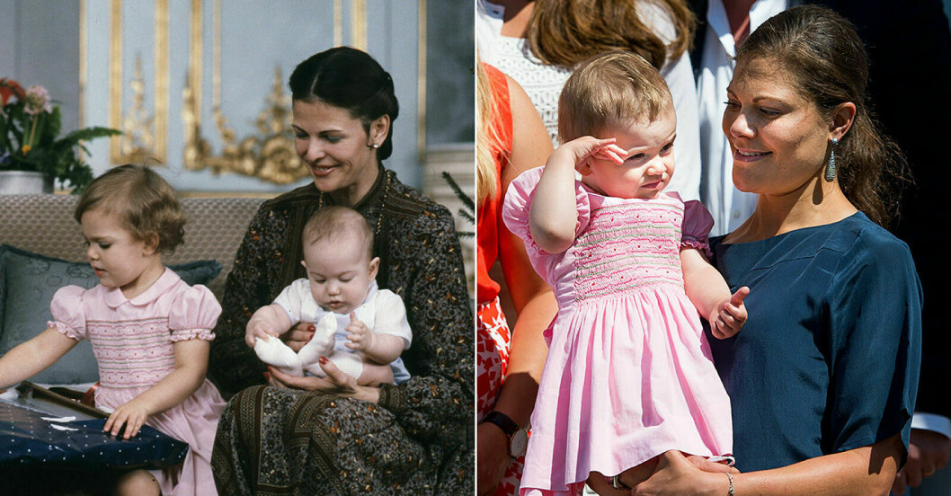 Kronprinsessan Victoria och prinsessan Estelle i samma rosa klänning med brodyr.