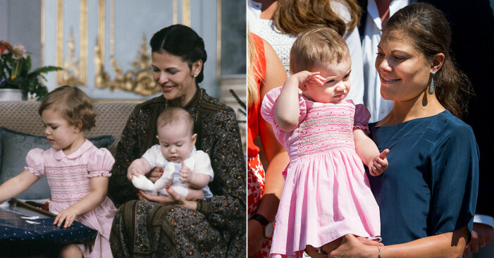 Victoria och Estelle i likadan rosa klänning med brodyr
