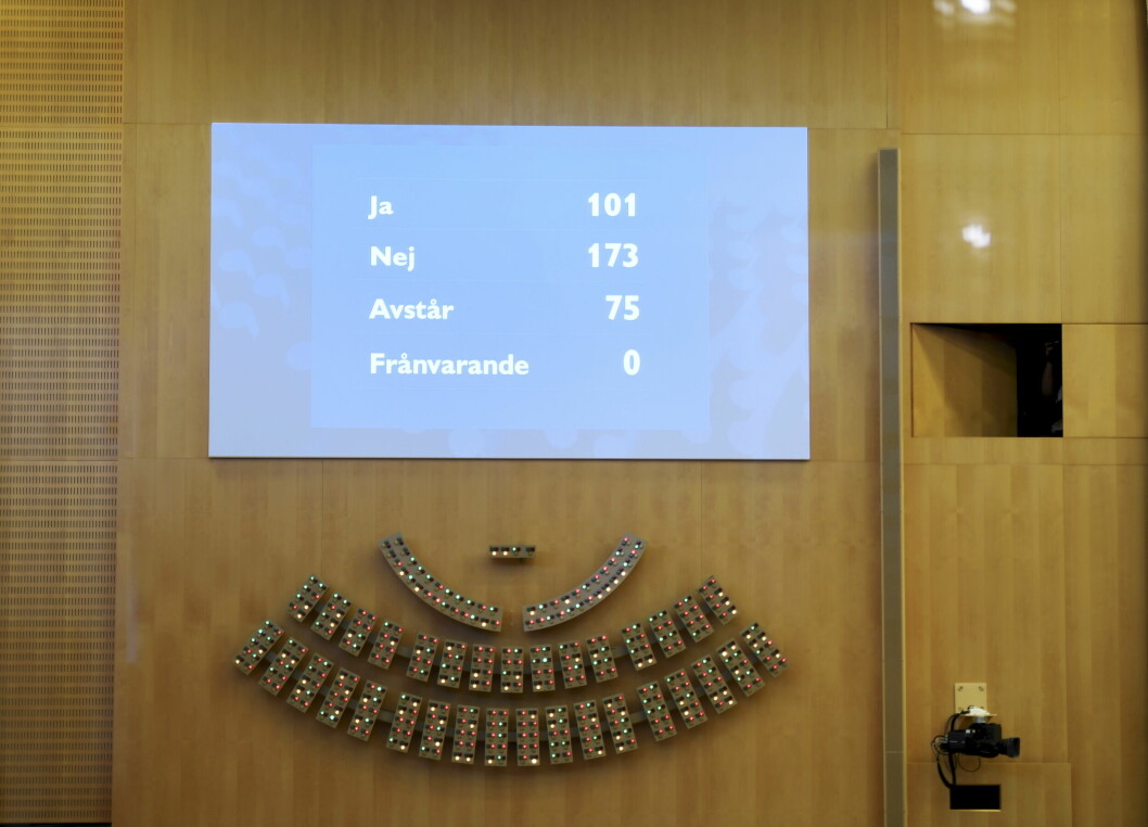 Rösttavlan som visar att Socialdemokraternas partiledare Magdalena Andersson valts till statsminister av riksdagen. rösttavlan