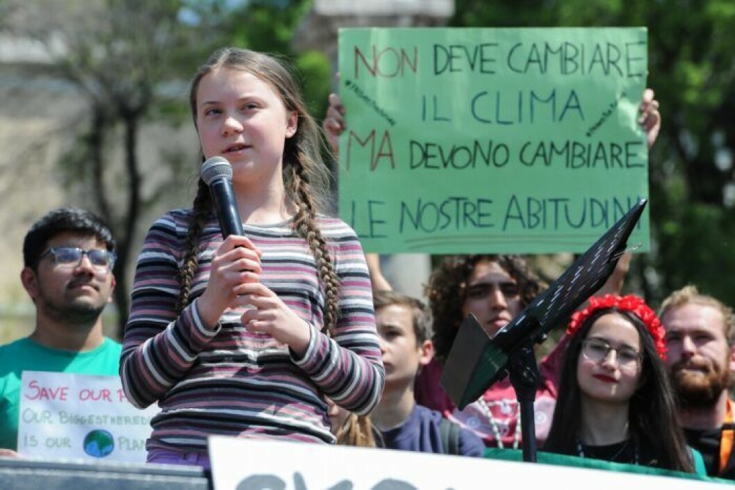 Greta Thunberg på en klimatdemonstration i Rom. Greta Thunberg, klimataktivist, medverkar vid en klimatdemonstration i Rom.