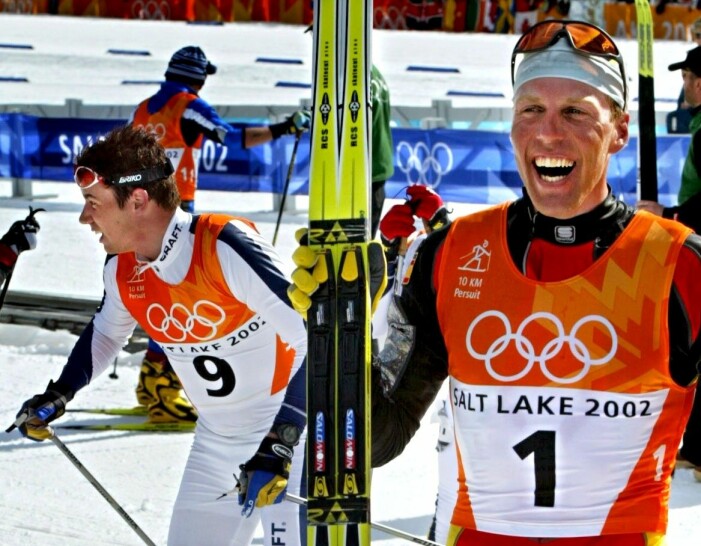 Johann Mühlegg efter OS-loppet där han knäckte Per Elofsson.