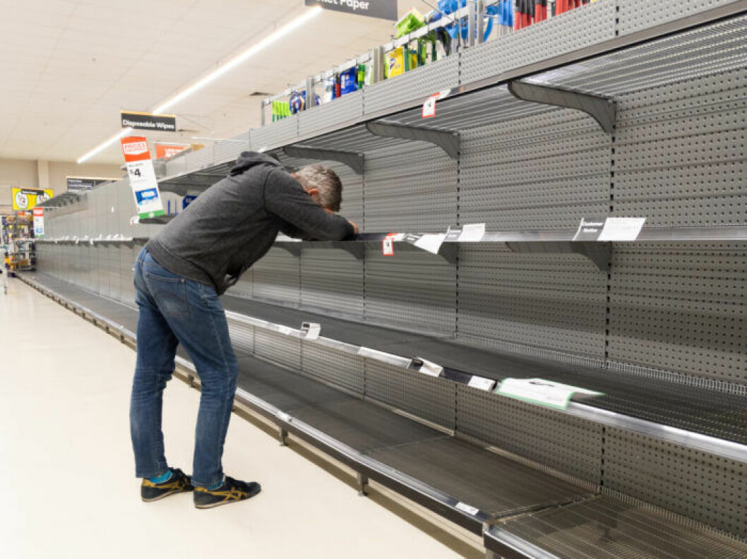 Tomma hyllor har blivit ett resultat av människors bunkrande under coronavirusets spridning. Foto: Zumapress / TT Man som står böjd över tomma butikshyllor