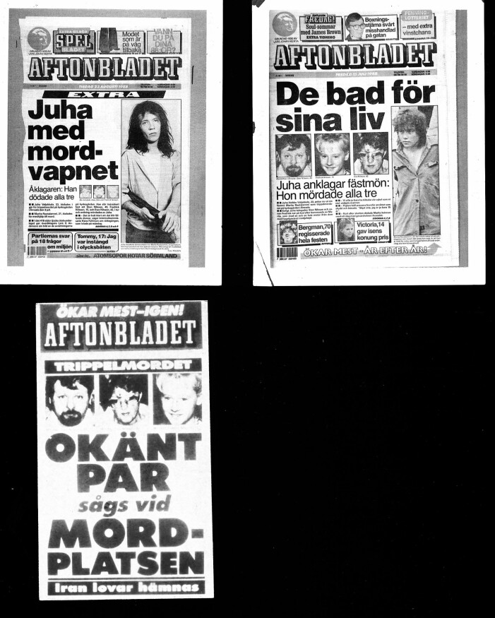 Nyheterna om det bestialiska mordet i Åmsele var förstasidesstoff hela sommaren 1988. Förstasidor från Aftonbladet kring morden i Åmsele 1988.