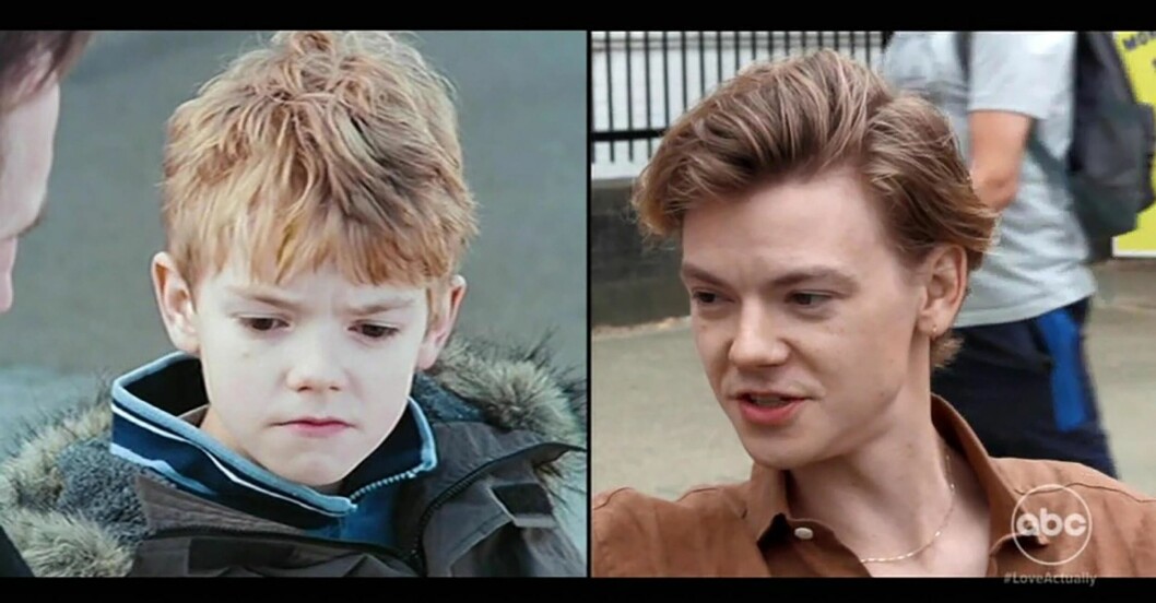 Thomas Sangster i Love Actually och 20 år senare.
