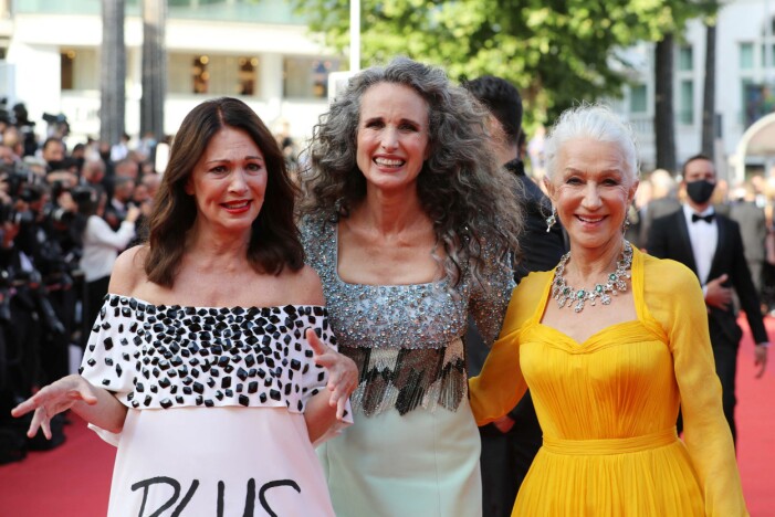 Tyska Iris Berben, amerikanska Andie MacDowell och brittiska Helen Mirren på Cannes filmfestival.