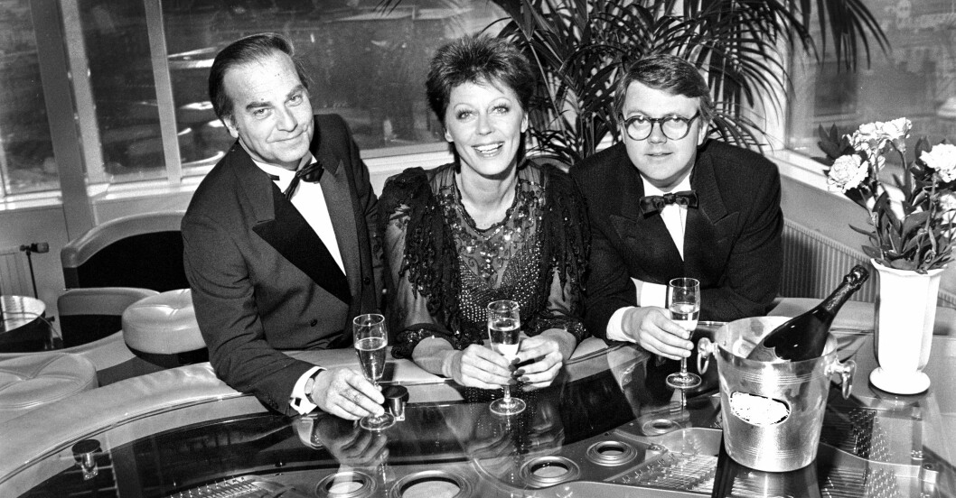 Steen Priwin, producent, Lill Lindfors och Curt-Eric Holmquist under Eurovision i Sverige 1985.