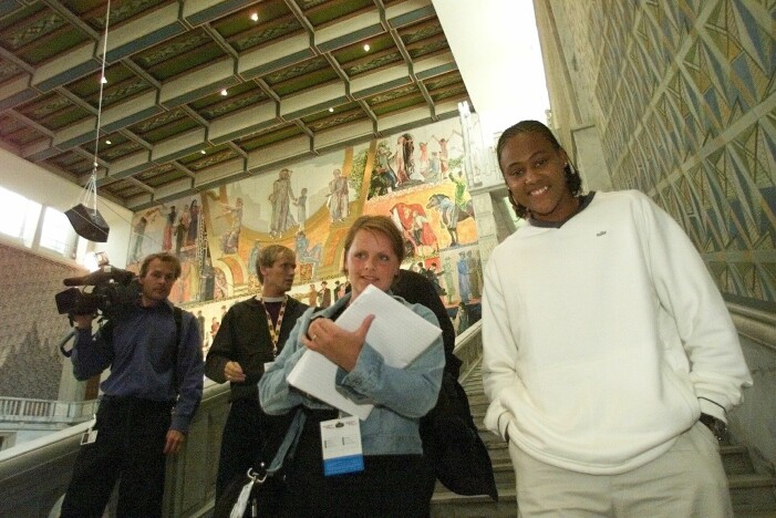 Malin Roos och Marion Jones. Malin Roos intervjuar Marion Jones i Oslo.