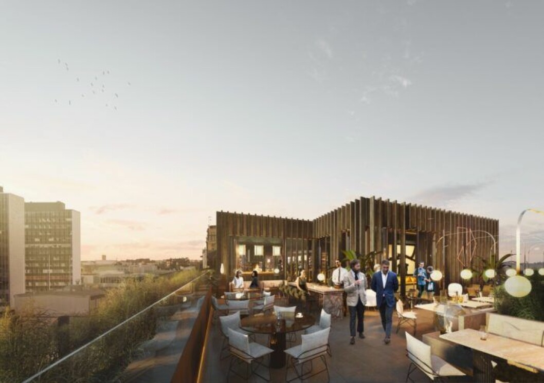 Den kommande takbaren har utsikt över Stockholm City. Rendering: Vasakronan
