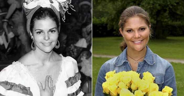 Silvia vid en karneval 1968 när hon är 25 år. Kronprinsessan Victoria fotograferas i samband med sin 25-årsdag.