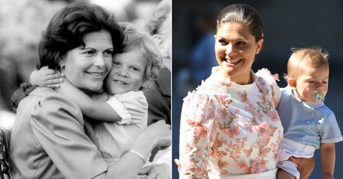 Drottning Silvia med prins Carl Philip i famnen. Kronprinsessan Victoria bär prins Oscar i famnen.