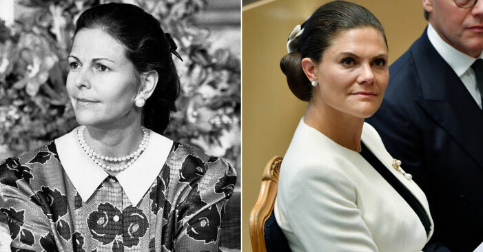 Drottning Silvia vid en intervju och kronprinsessan Victoria vid riksmötets öppnande 2021.