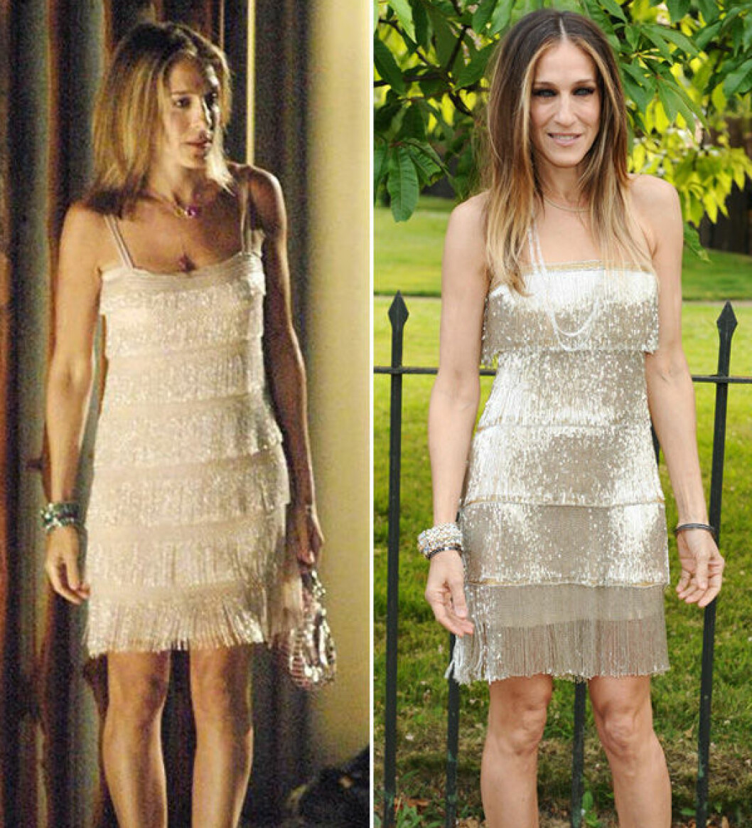 Carrie Bradshaw och Sarah Jessica Parker i i vit fransklänning