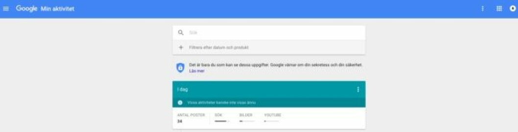Här ser du hur det ser ut när du startar och klickar in på Google-sidan ”Min aktivitet”. Skärmavbild 2016-07-13 kl. 16.04.58