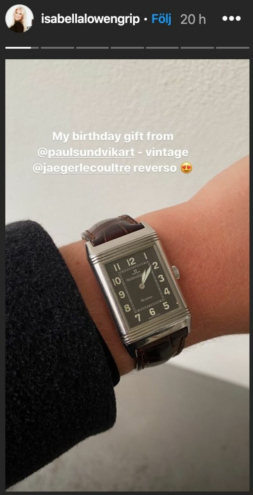 Isabella Löwengrip visar presenten på Instagram Story.