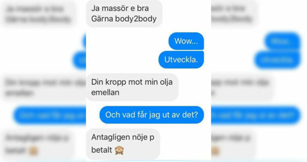 Så här kunde det se ut när Alma bad en manlig kund specificera sin förfrågan på sms. Foto: privat sms happy ending förfrågan- Alma Wolf massör