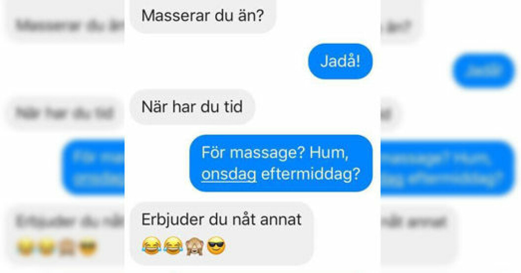 En av de skärmdumpade sms-konversationerna när en man smyger sig på förfrågan om ett ”happy ending”. Foto: privat sms konversation happy ending