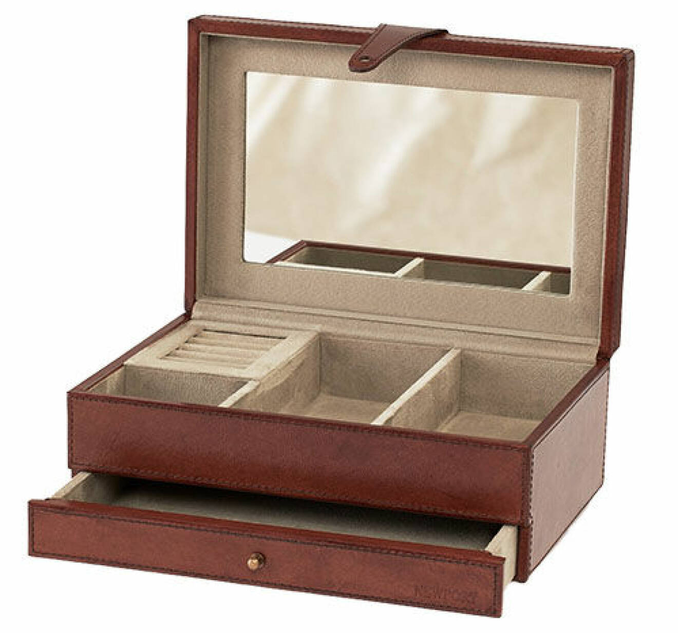 Smyckesförvaring i brunt skinn med fack, låda och spegel från Newport