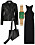 Snygg outfit med svart klänning, svart skinnjacka, guldklocka med grön urtavla och svart skinnväska