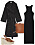 Snygg outfit med svart klänning, svart tunn kappa och matchande brun skinnväska och kilklackar i brun skinn