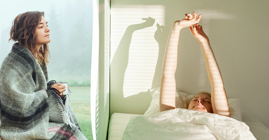 Kvinna som sträcker på sig i sängen samt kvinna som dricker kaffe på morgonen.
