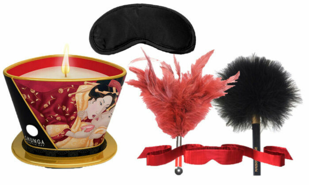 <em>Massageljus från Shunga, svart ögonbindel, Tantra Feather Teaser, La Plumeau Caresse och Intima Silk Blindfold från Lelo.</em> Massageljus från Shunga, svart ögonbindel, Tantra Feather Teaser, La Plumeau Caresse och Intima Silk Blindfold från Lelo.