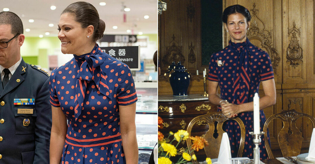 Kronprinsessan Victoria och drottning Silvia i samma prickiga klänning.