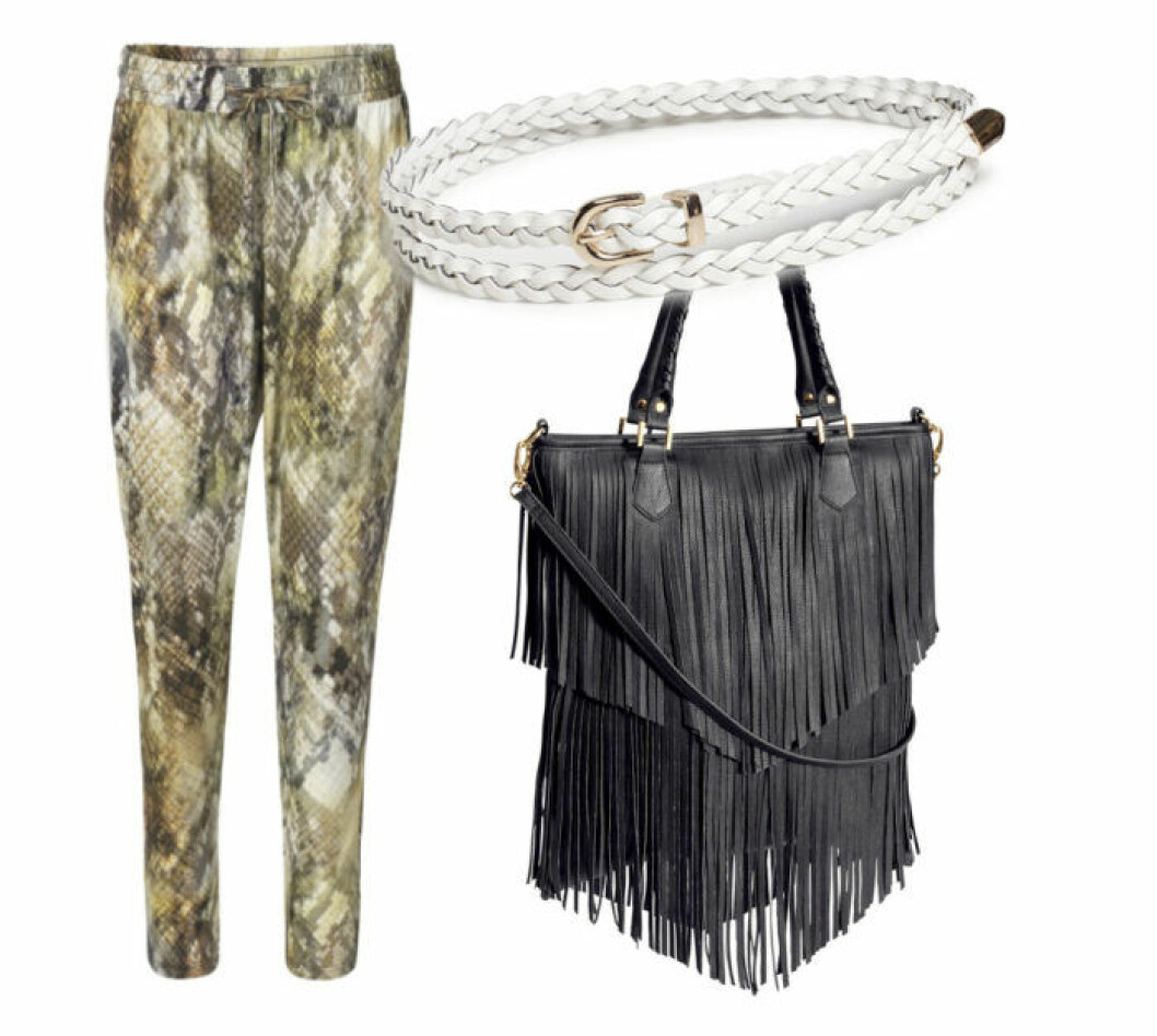 <strong>FRITID:</strong><br><strong>Byxor</strong> i viskos/elastane, stl XS–XL, 1 000 kr, Ilse Jacobsen.<br>Flätat <strong>skärp</strong>, 79:50 kr, Lindex.<br><strong>Handväska</strong> med fransar, 299 kr, H&M. FRITID: Byxor i viskos/elastane, stl XS–XL, 1 000 kr, Ilse Jacobsen. Flätat skärp, 79:50 kr, Lindex. Handväska med fransar, 299 kr, H&M.